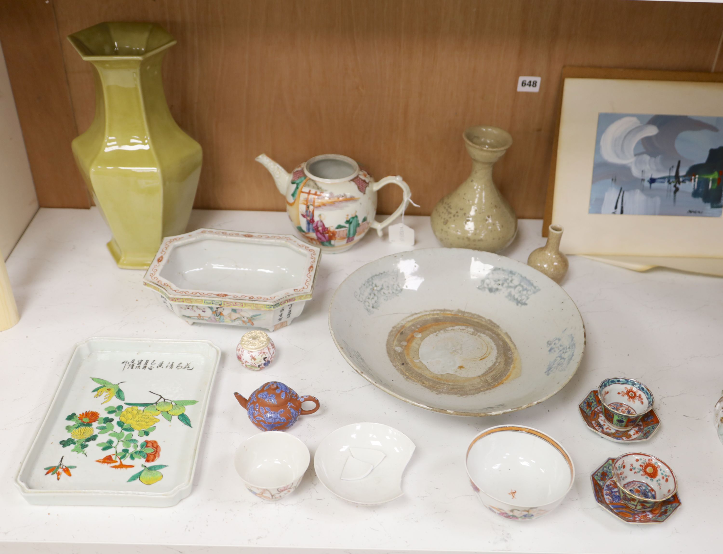 A quantity of mixed Chinese ceramics including a famille rose teapot, tallest 31cm